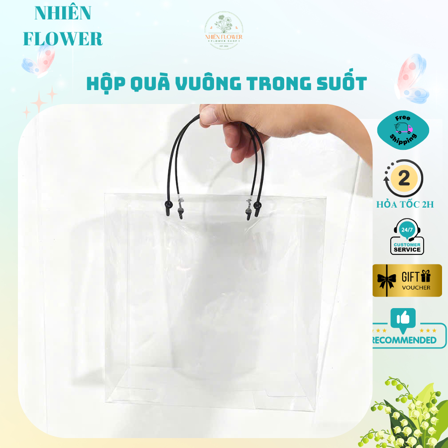 Hộp Quà Tặng Mica Vuông Quai Đen Chắc Chắn Đựng Hoa Sáp, Hoa Kẽm Nhung, Quà Handmade, Bánh Kẹo