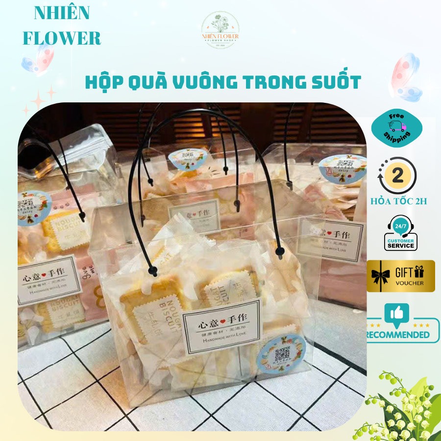 Hộp Quà Tặng Mica Vuông Quai Đen Chắc Chắn Đựng Hoa Sáp, Hoa Kẽm Nhung, Quà Handmade, Bánh Kẹo