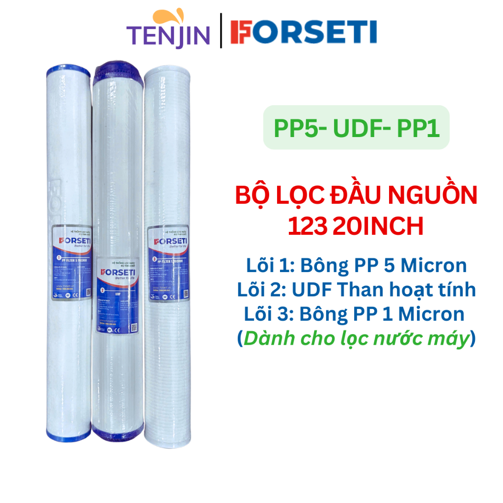 Bộ 3 Lõi Lọc Nước Đầu Nguồn, Bộ Lọc Thô Đầu Nguồn 20 inch Gồm Lõi PP UDF CATION 2in1 Xử Lý Nước Máy/Nước Giếng