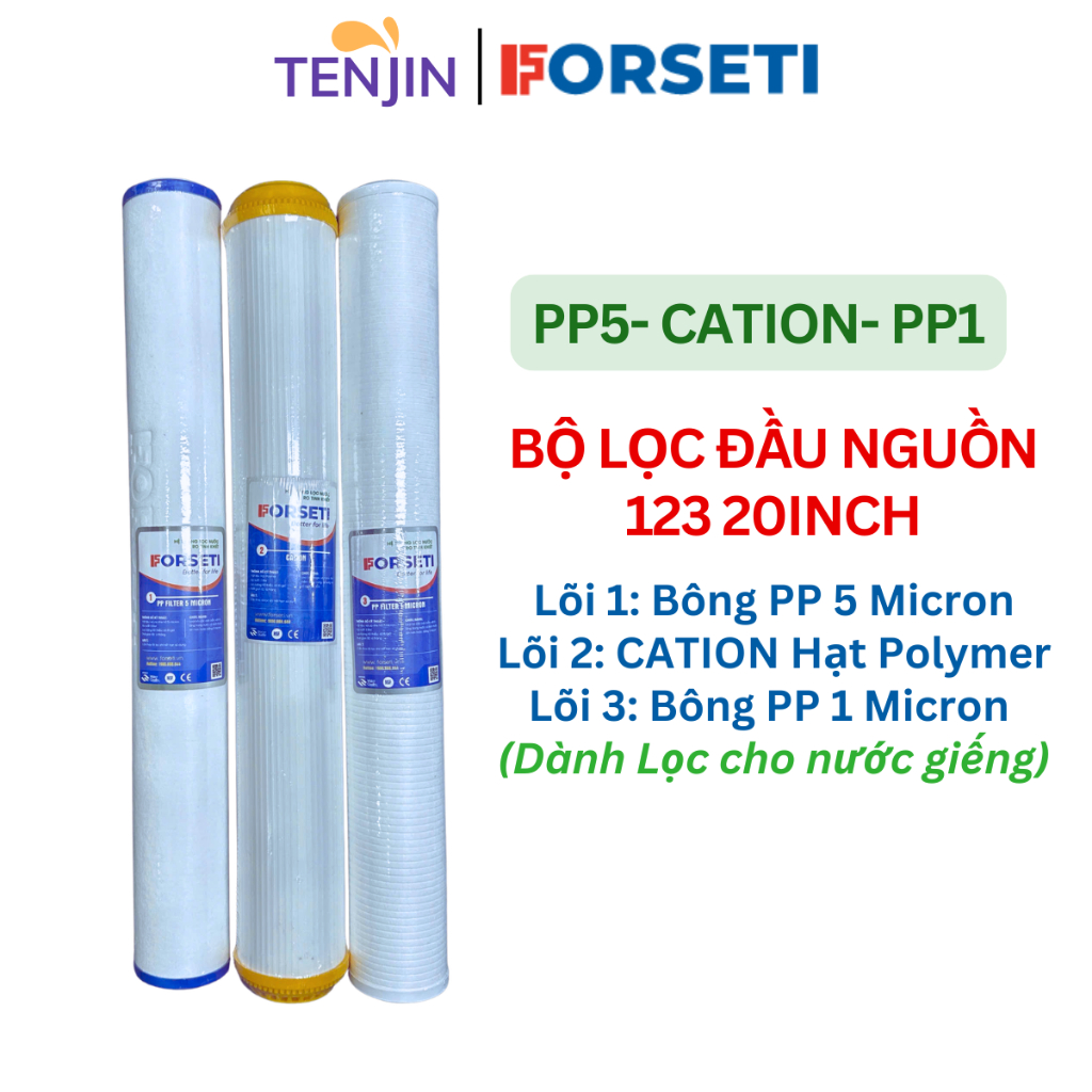 Bộ 3 Lõi Lọc Nước Đầu Nguồn, Bộ Lọc Thô Đầu Nguồn 20 inch Gồm Lõi PP UDF CATION 2in1 Xử Lý Nước Máy/Nước Giếng