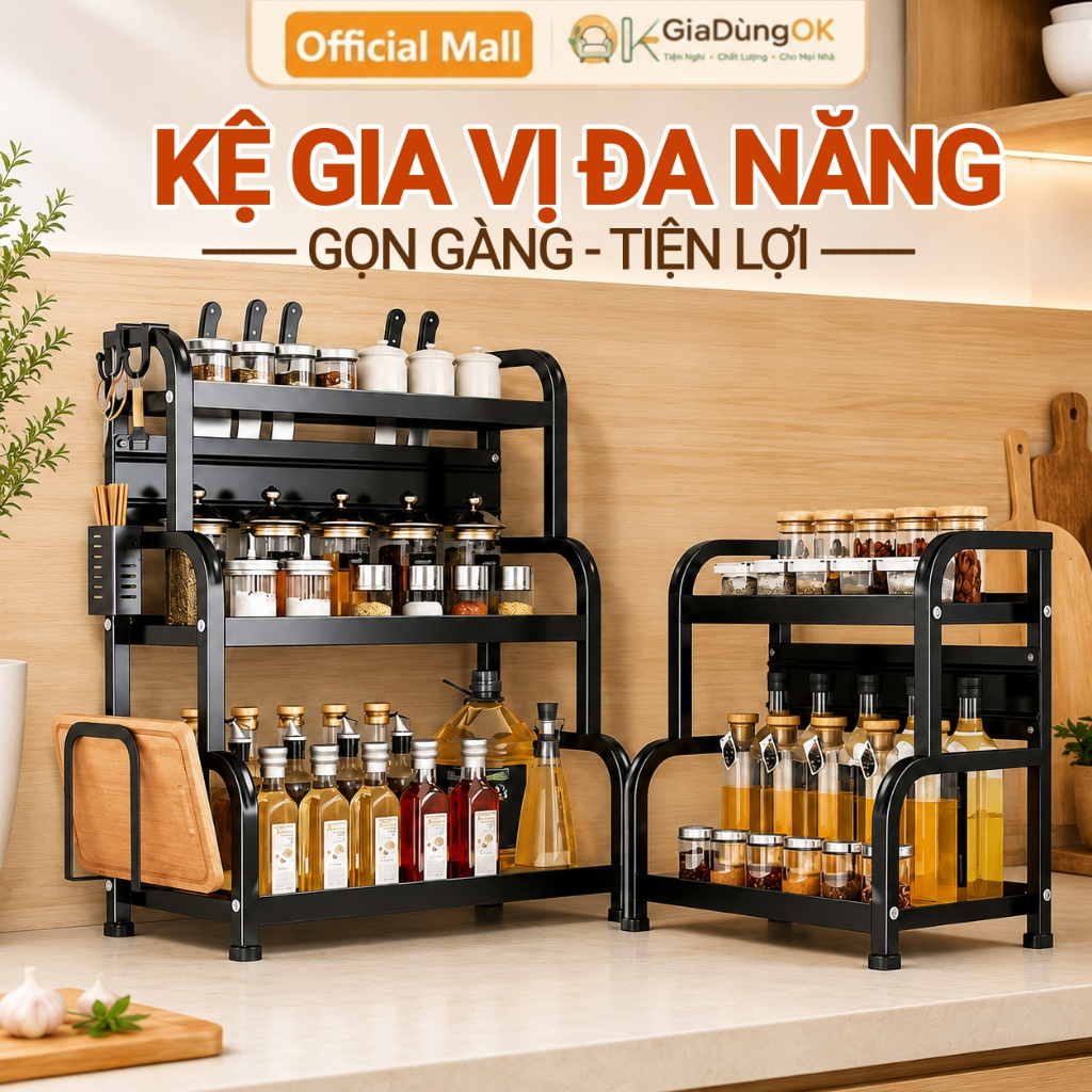 Kệ Gia Vị Nhà Bếp 2-3 Tầng, Giá Úp Dao Thớt Chai Dầu Sơn Tĩnh Điện Chắc Chắn, Tiết Kiệm Không Gian