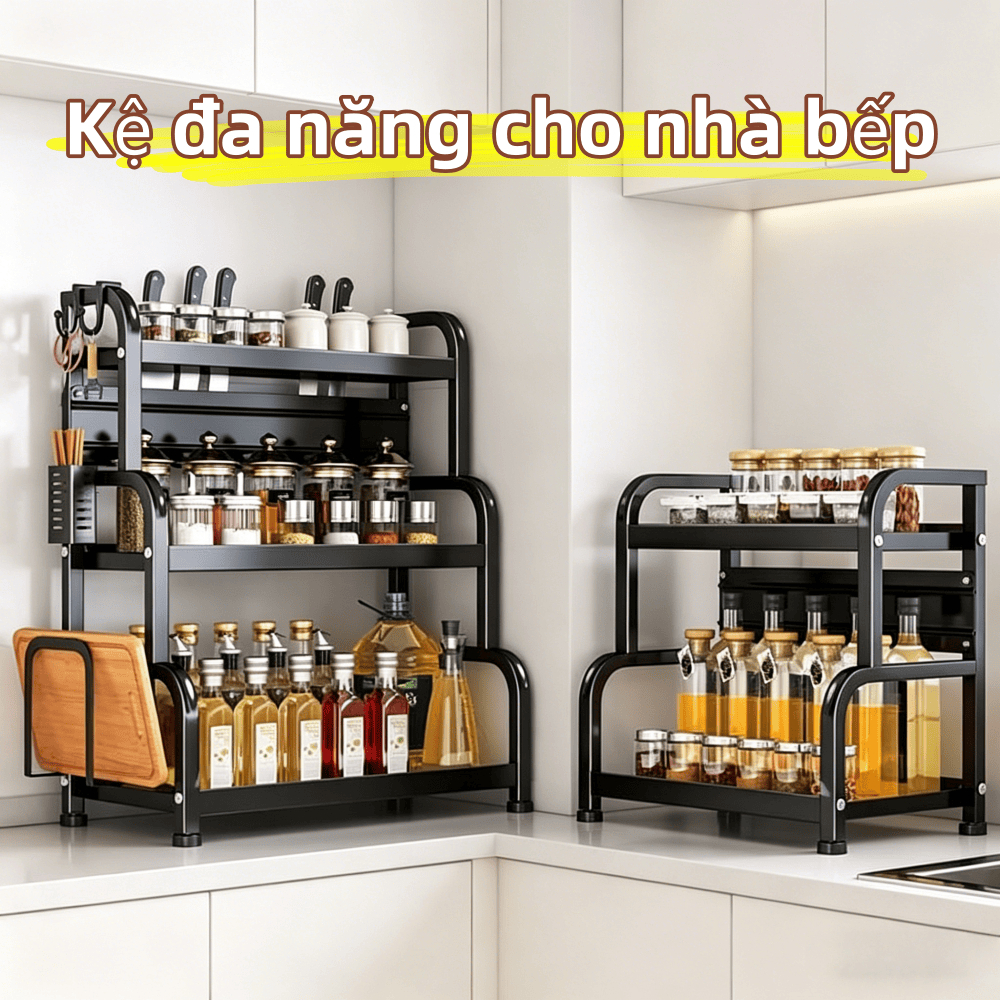 Kệ Gia Vị Nhà Bếp 2-3 Tầng, Giá Úp Dao Thớt Chai Dầu Sơn Tĩnh Điện Chắc Chắn, Tiết Kiệm Không Gian
