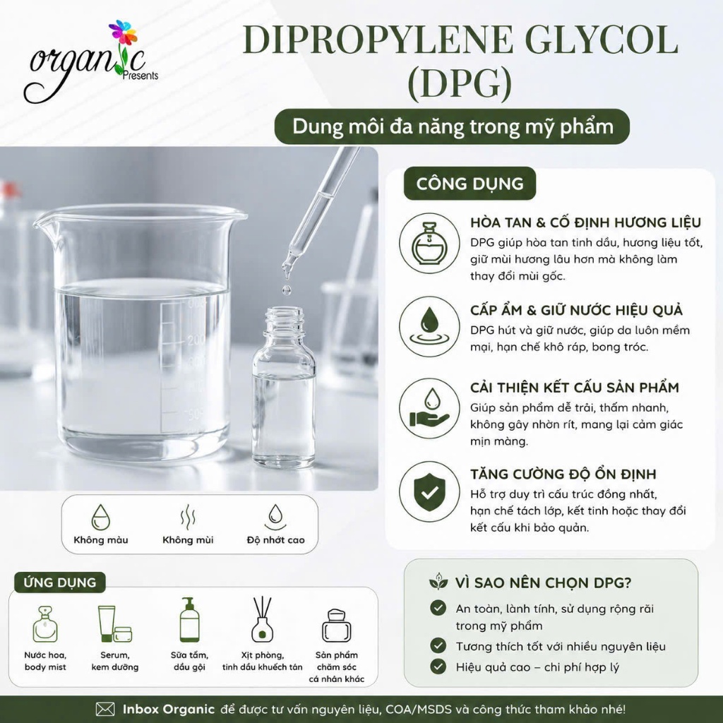 Dipropylene Glycol (DPG) – Dung Môi Hòa Tan Hương Liệu, Giữ Ẩm Mỹ Phẩm