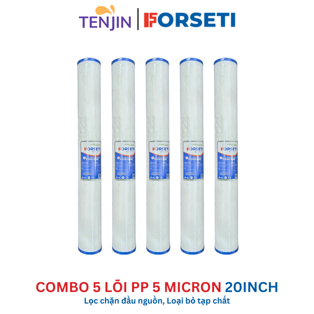 Combo 5 Lõi Lọc 20 Inch PP 5 Micron Bán Công Nghiệp Loại Bỏ Tạp Chất Có Kích Thước > 5 Micron Dành Cho Nước Đầu Nguồn