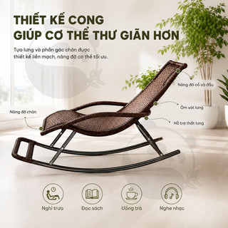 Ghế bập bênh thư giãn giả mây có gác chân, khung kim loại cho ban công phòng khách sân vườn
