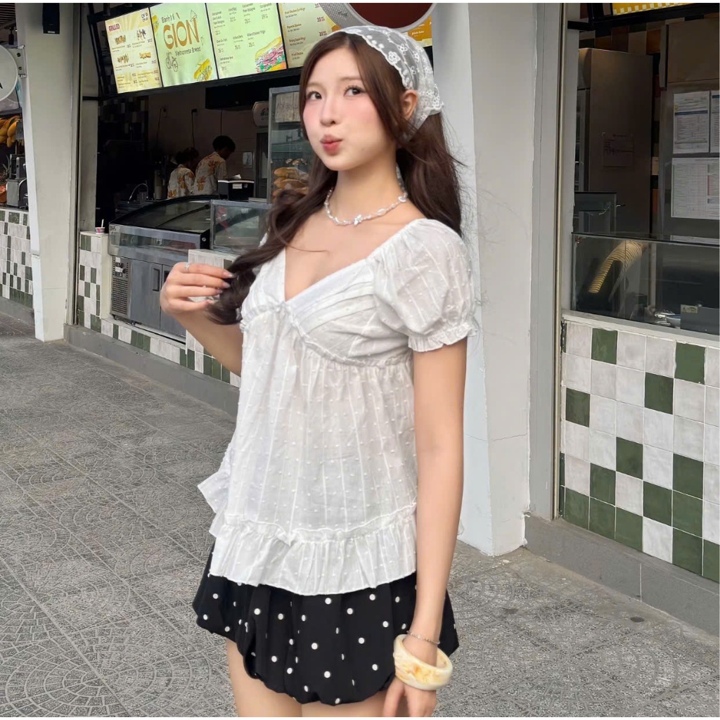 Áo thô boi dáng babydoll tay bồng xoè điệu đà LABEL A151