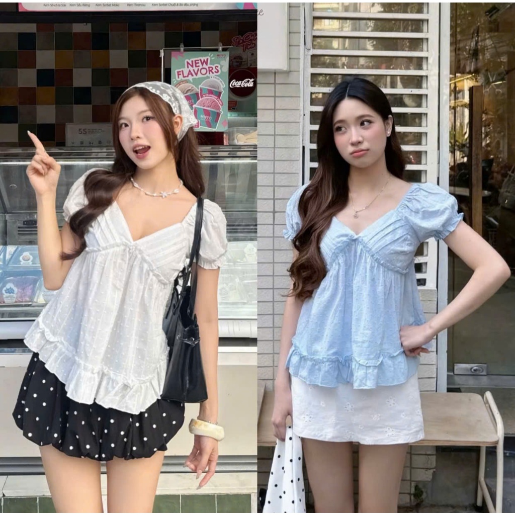 Áo thô boi dáng babydoll tay bồng xoè điệu đà LABEL A151
