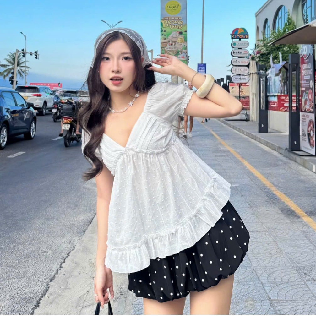 Áo thô boi dáng babydoll tay bồng xoè điệu đà LABEL A151