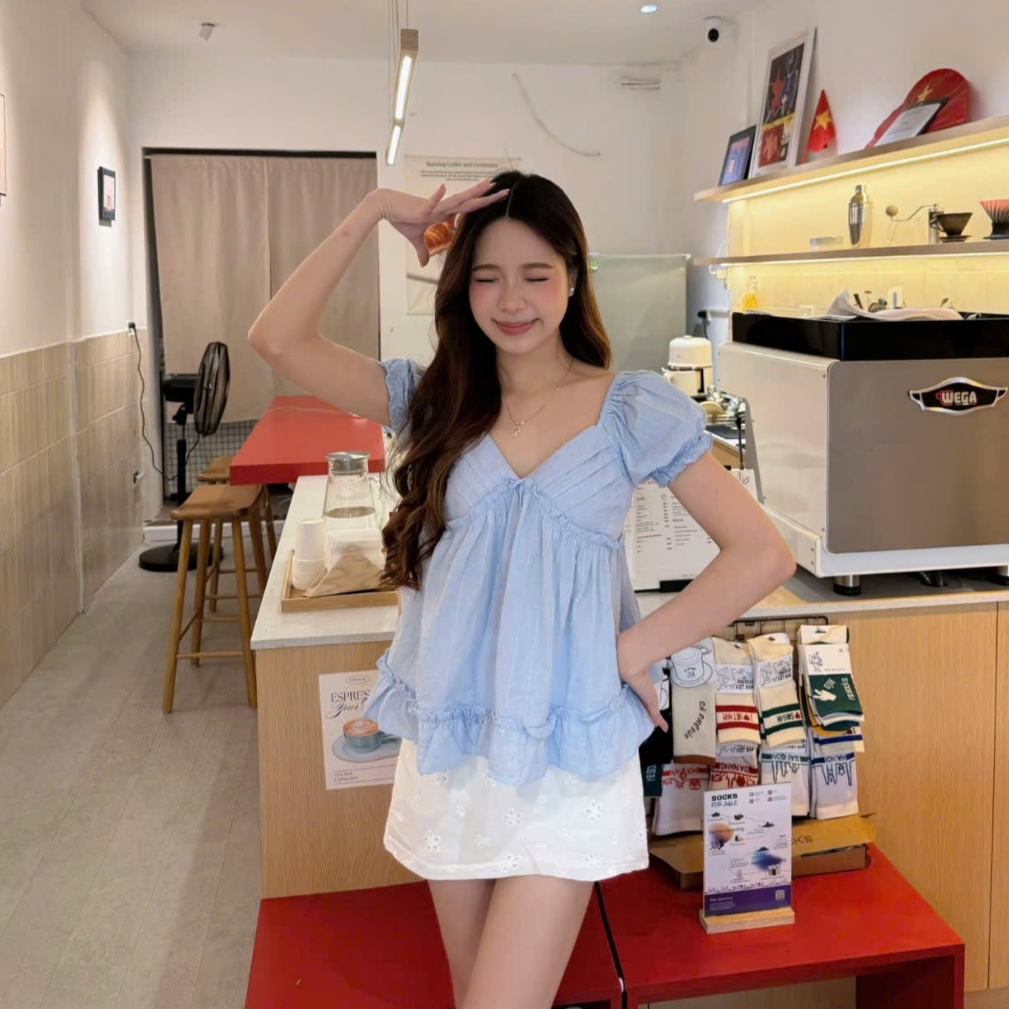 Áo thô boi dáng babydoll tay bồng xoè điệu đà LABEL A151