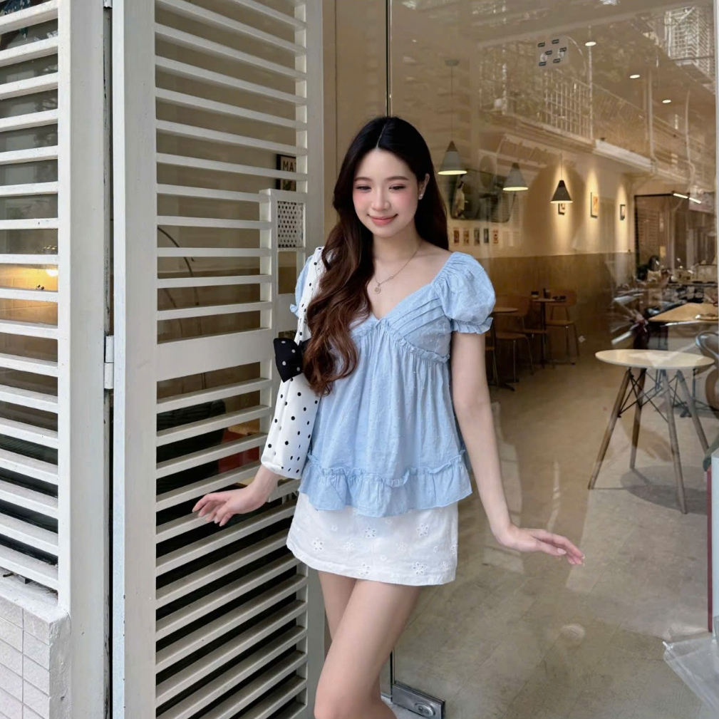 Áo thô boi dáng babydoll tay bồng xoè điệu đà LABEL A151