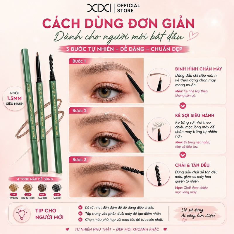 XIXI Bút Chì Kẻ Mày Siêu Mỏng, Hai Đầu, Chống Nước & Nhòe 24H, Tự Nhiên, Dễ Dùng D394