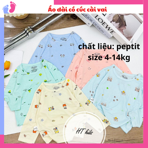 Áo DÀI TAY chất thun lạnh NHIỀU MÀU họa tiết thú đáng yêu, có cúc cài vai cho bé từ 4-14kg