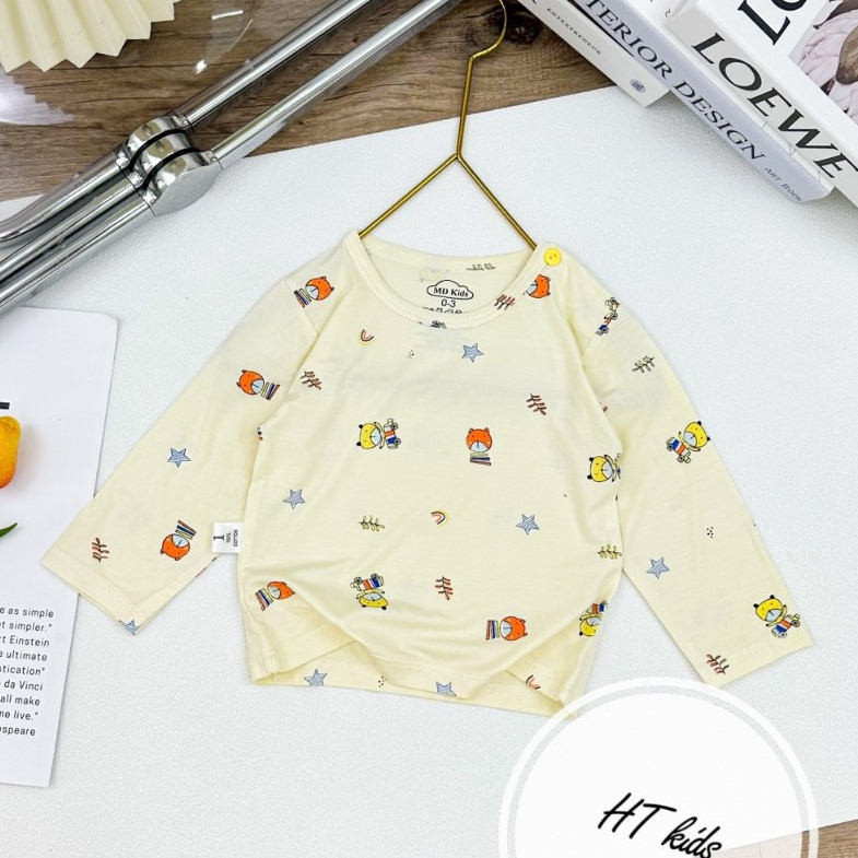 Áo DÀI TAY chất thun lạnh NHIỀU MÀU họa tiết thú đáng yêu, có cúc cài vai cho bé từ 4-14kg