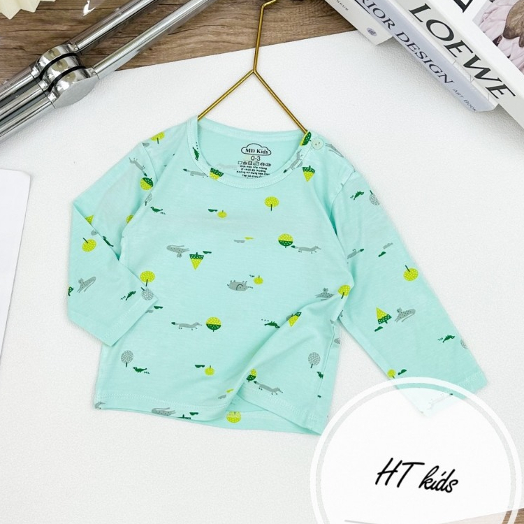 Áo DÀI TAY chất thun lạnh NHIỀU MÀU họa tiết thú đáng yêu, có cúc cài vai cho bé từ 4-14kg