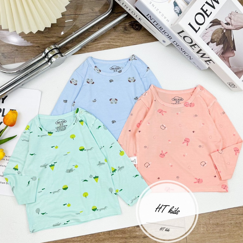 Áo DÀI TAY chất thun lạnh NHIỀU MÀU họa tiết thú đáng yêu, có cúc cài vai cho bé từ 4-14kg