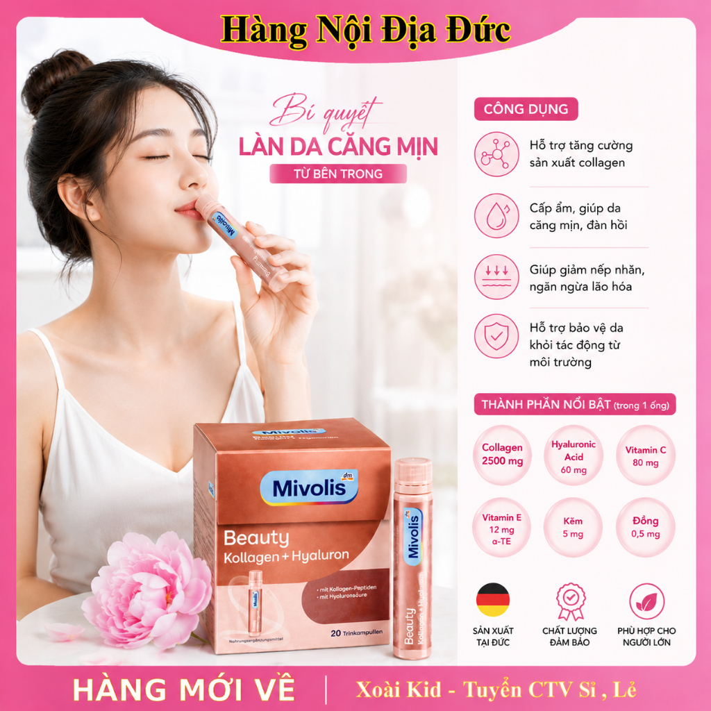 [HÀNG NỘI ĐỊA ĐỨC] - NƯỚC UỐNG COLLAGEN VÀ HYALURON MIVOLIS – 500ML (20 ỐNG x 25ML)