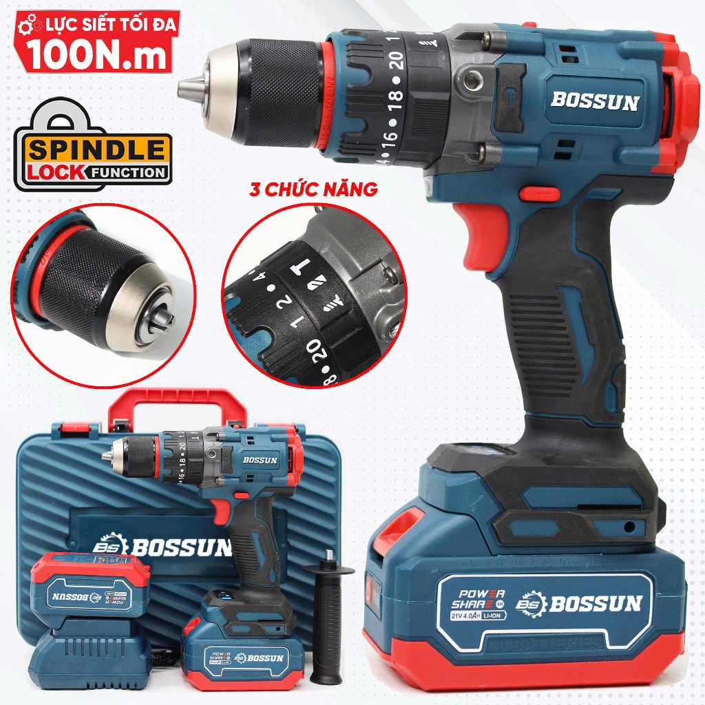 [MỚI] Máy Khoan Pin 13MM Bossun M21B-ID100N Lực siết 100N.m Pin 10CELL 21V Không Chổi Than 3 chức năng