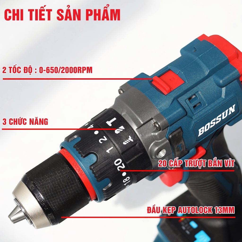 [MỚI] Máy Khoan Pin 13MM Bossun M21B-ID100N Lực siết 100N.m Pin 10CELL 21V Không Chổi Than 3 chức năng