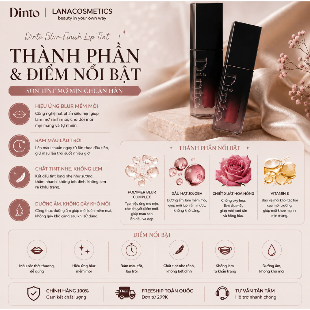 Son Tint Bóng Lì Thuần Chay Lâu Trôi DINTO Blur Glowy Lip Tint 25 màu 3.5g
