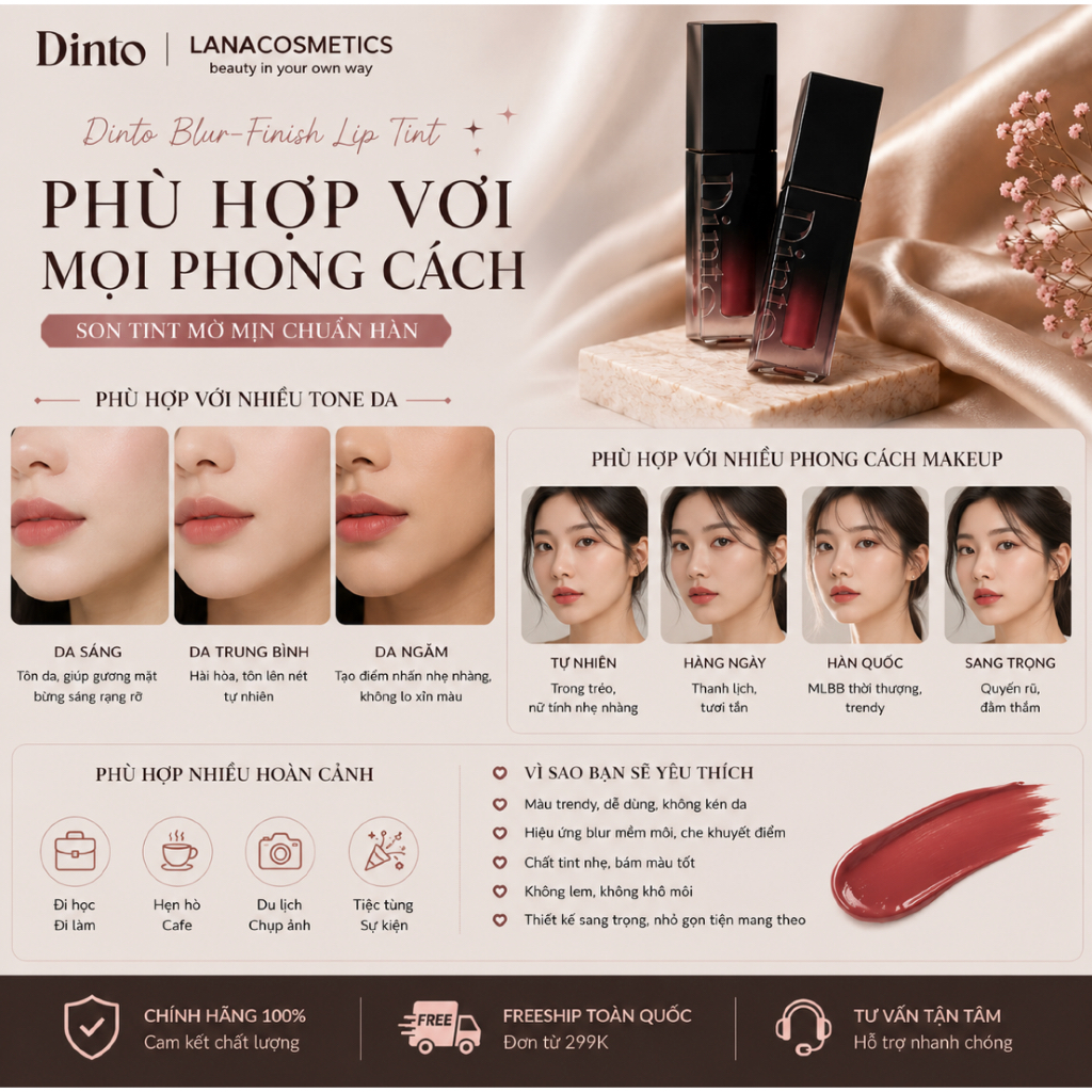 Son Tint Bóng Lì Thuần Chay Lâu Trôi DINTO Blur Glowy Lip Tint 25 màu 3.5g