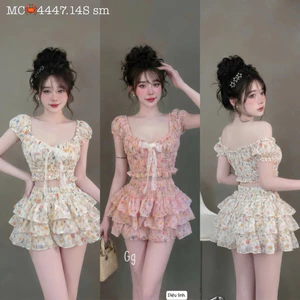 Set Bộ Nữ Hoa Nhí Phối Ren Áo Cúp Ngực Chân Váy Tầng Có Sẵn Mút Lót Quần