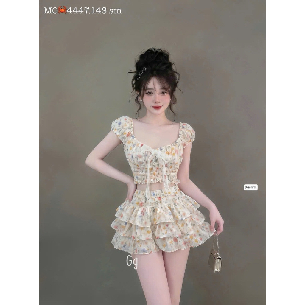 Set Bộ Nữ Hoa Nhí Phối Ren Áo Cúp Ngực Chân Váy Tầng Có Sẵn Mút Lót Quần