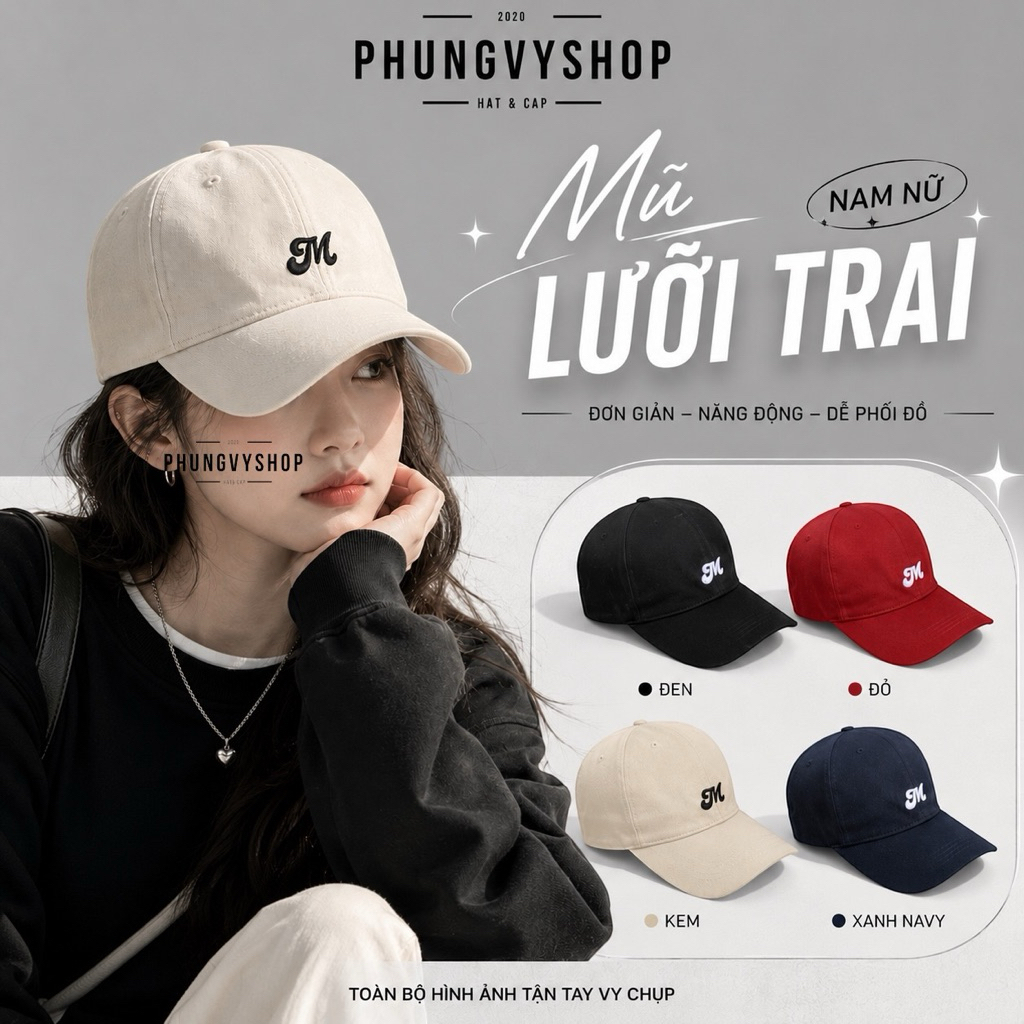 Mũ LƯỠI TRAI unisex hot phong cách hàn quốc nam nữ thoáng mát phungvyshop- nón Kết KAKI CÁC LOẠI C LUCK M