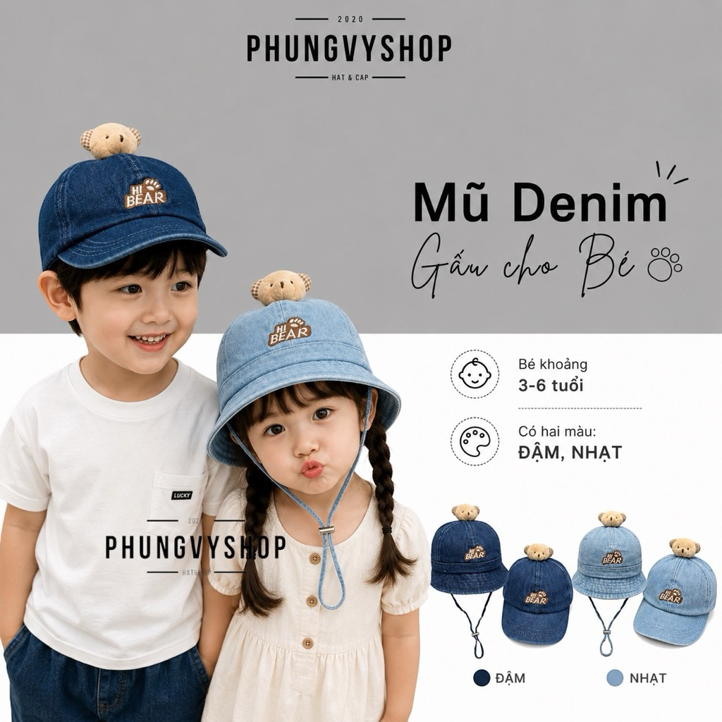 Bé 3-6 Tuổi / Mũ nón denim jean trẻ em trai gái bucket tai bèo vành lưỡi trai phungvyshop / Bo Kết Trung GẤU HI BEAR np/