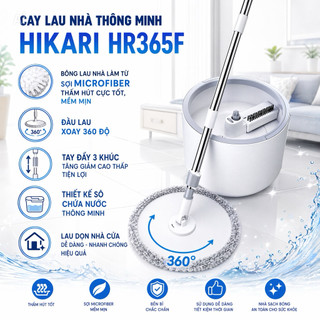 Cay Lau Nhà Thông Minh HIKARI HR365F, Bông Lau Nhà Làm Từ Sợi Microfiber Thấm Hút Cực Tốt, Mềm Mịn, Đầu Lau Xoay 360 Độ