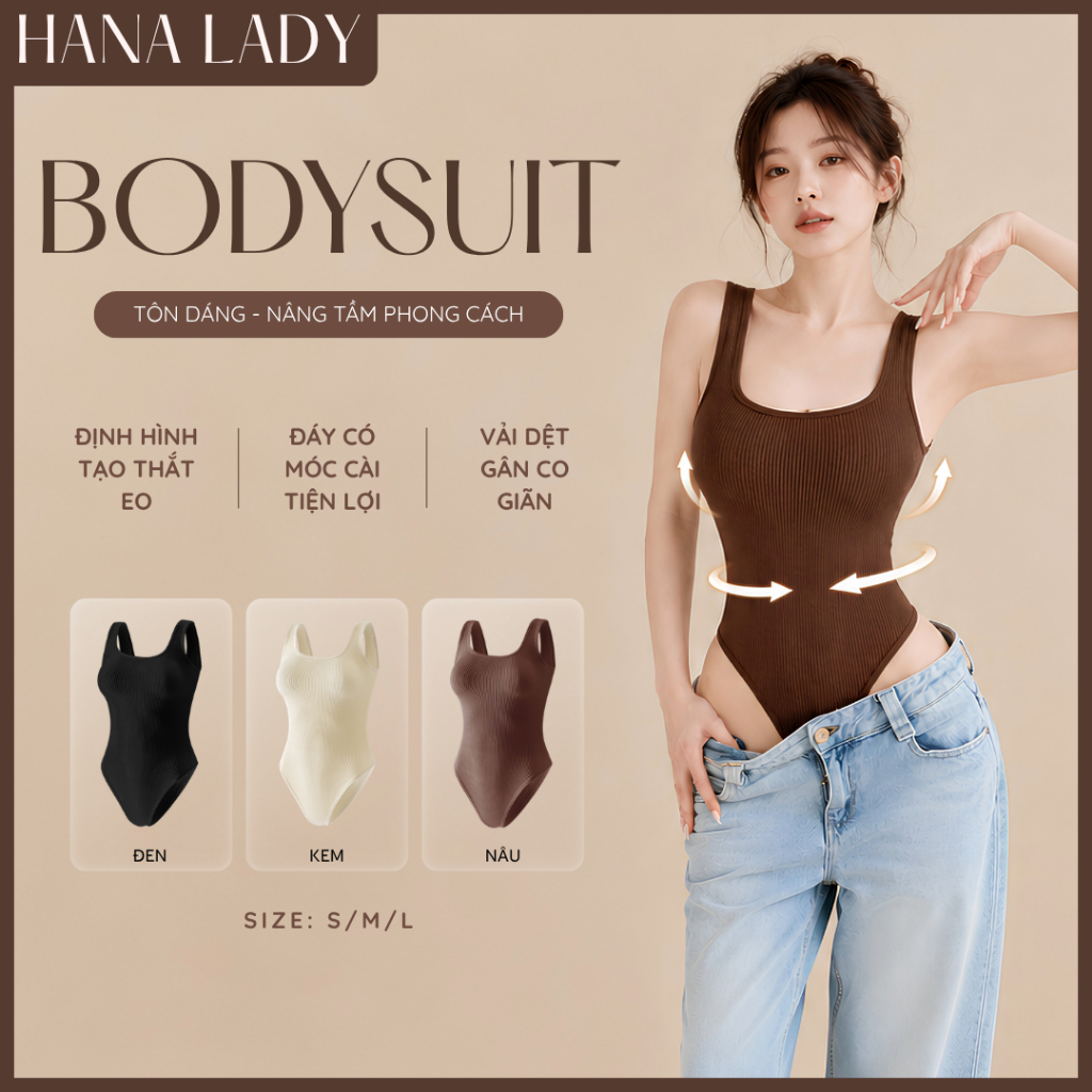 Bodysuit Định Hình HANA LADY Dệt Gân Co Giãn Tạo Thắt Eo, Cổ U Tôn Vòng 1 Có Cài Đáy Tiện Lợi - SH06