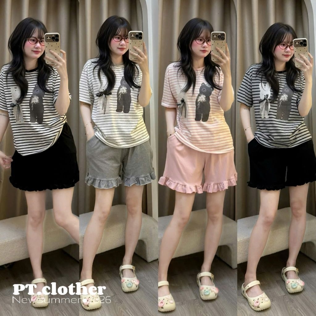 [𝑯𝒂 𝑨𝒏𝒉] Bộ Cộc Phông Kẻ Gấu Thỏ Nơ QCL1: Free size