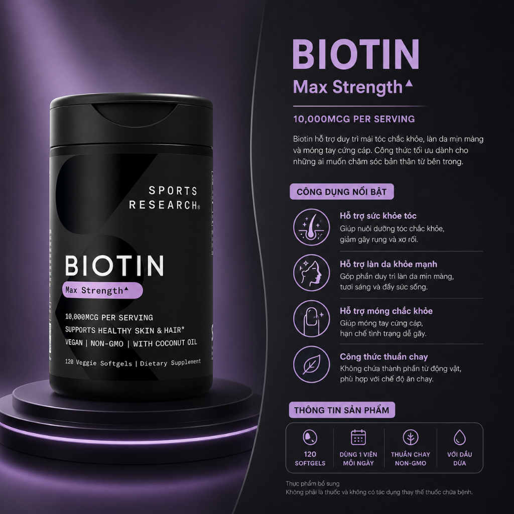 Sports Research Biotin 10000mcg With Organic Coconut Oil Viên Uống Biotin Dạng Viên Nang Mềm