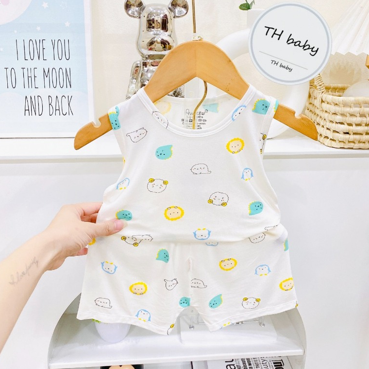 Bộ quần áo BA LỖ sát nách thun lạnh họa tiết thú đáng yêu cho bé trai bé gái 4-14kg