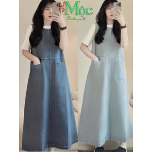 Set đầm váy jean,set Jean Quảng Châu dáng dài suông rộng, yếm bầu có túi kèm áo thun (DX)