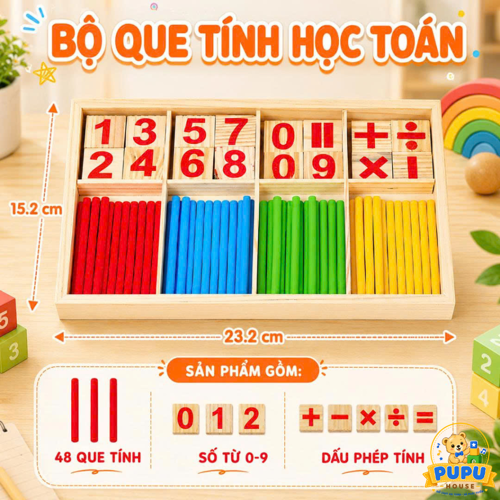 Bộ Que Tính cho bé học toán bằng gỗ - kèm số và phép tính - PUPU HOUSE