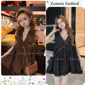 Váy babydoll sát nách cổ V dáng ngắn nhún tầng bèo voan xô phong cách Hàn Quốc mặc đi cafe dạo phố HCOM27505