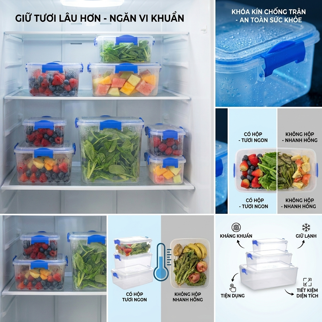 Bộ 3 Hộp Đựng Thực Phẩm Chữ Nhật, Bảo Quản Đồ Tươi Đồ Khô Chính Hãng VIỆT NHẬT (Mã 6695)