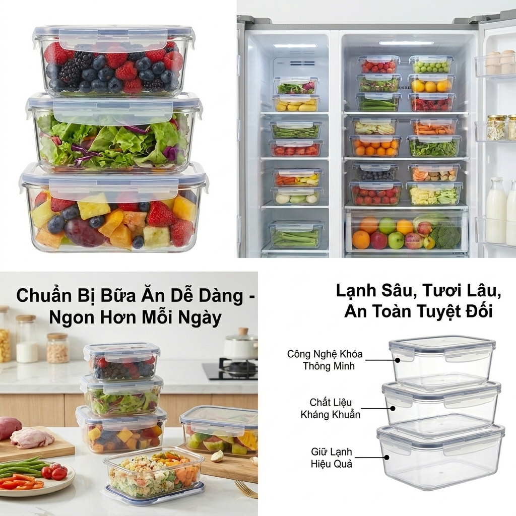 Bộ 3 Hộp Đựng Thực Phẩm Chữ Nhật, Bảo Quản Đồ Tươi Đồ Khô Chính Hãng VIỆT NHẬT (Mã 6695)