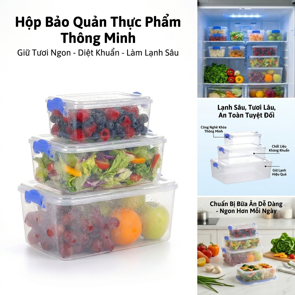 Bộ 3 Hộp Đựng Thực Phẩm Chữ Nhật, Bảo Quản Đồ Tươi Đồ Khô Chính Hãng VIỆT NHẬT (Mã 6695)