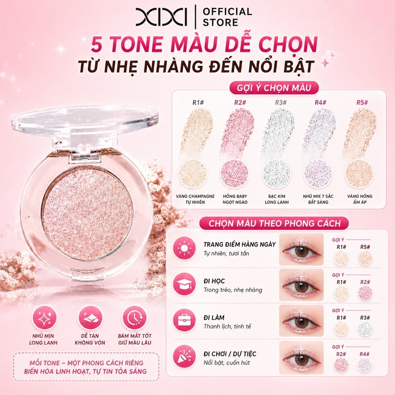 Xixi Phấn Bắt Sáng & Mắt – Ngọc Trai Nhiều Màu, Siêu Mịn, Lâu Trôi, Dễ Tán, Dùng Mặt & Mắt D728