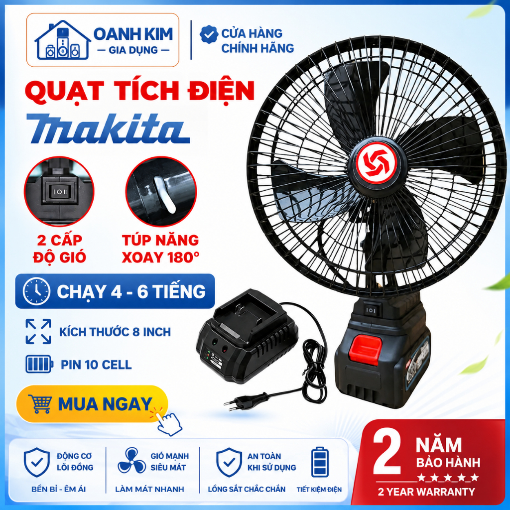 Quạt Tích Điện Chân Pin Makita 20 Cell, Quạt Để Bàn Lồng Sắt 8 Inch, 2 Cấp Độ Gió, Dùng Liên Tục 8-10 Giờ, Kèm Pin Và Sạ