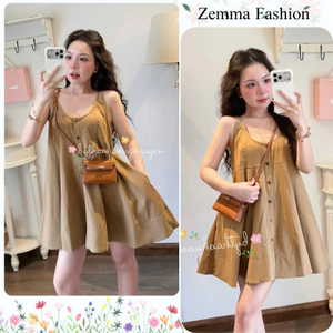 Váy babydoll sát nách dáng ngắn đính cúc ngực vải thô đũi mát mẻ style Hàn Quốc đi cafe dạo phố HCOM27506