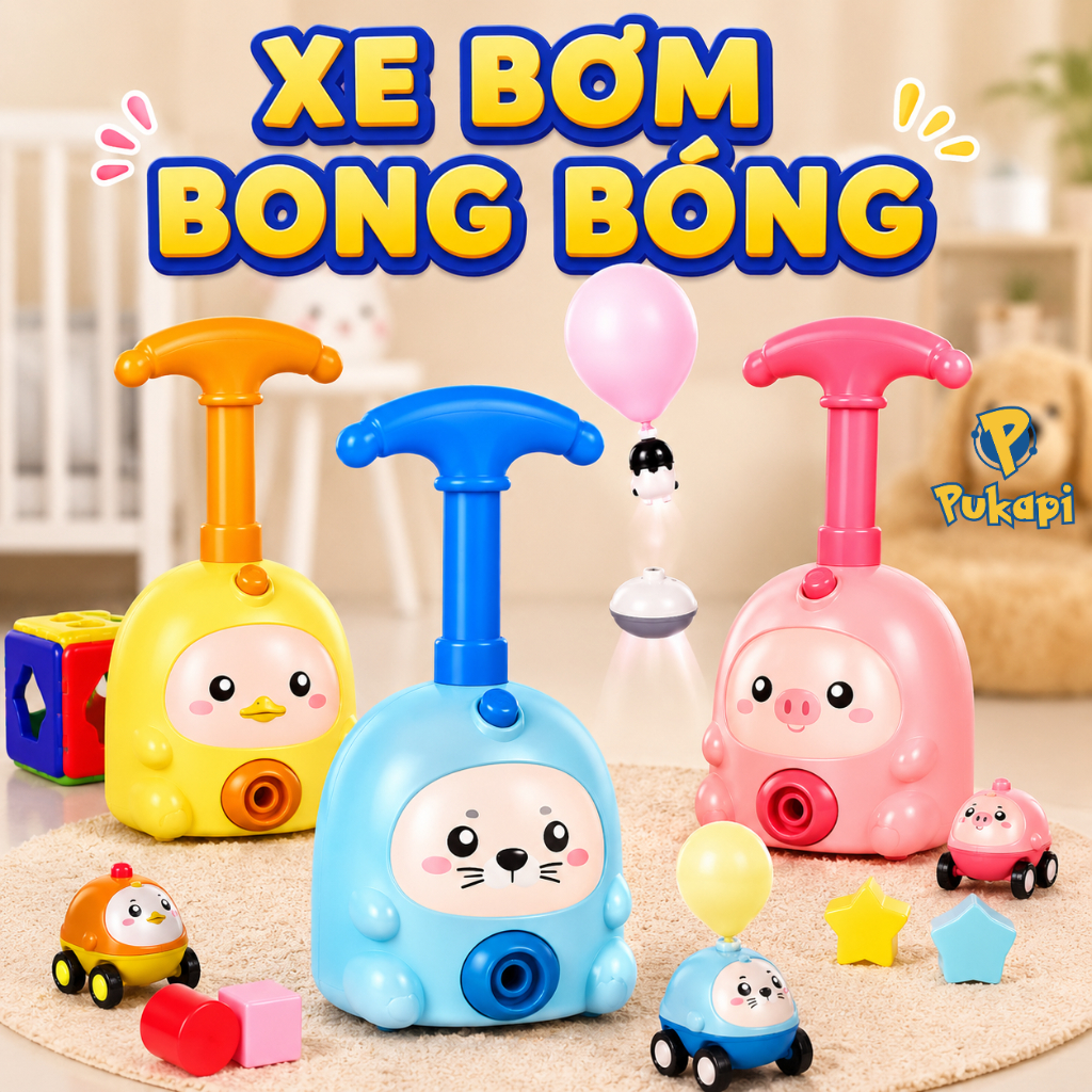 Xe Đua Bơm Bóng Bay Bơm Bong Bóng Trợ Lực Hình Thú Phi Hành Gia Kèm Bong Bóng Đua Xe - Đồ Chơi Cho Bé PUKAPI