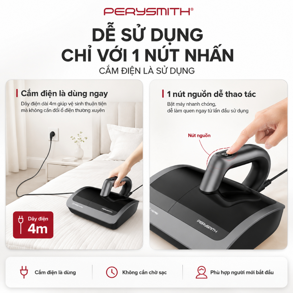 [N]Máy Hút Bụi Giường Nệm Cầm Tay Có Dây PerySmith V10Pro Lực Hút 19k PA Đèn Tia UV Diệt Khuẩn | BigBuy360 - bigbuy360.vn