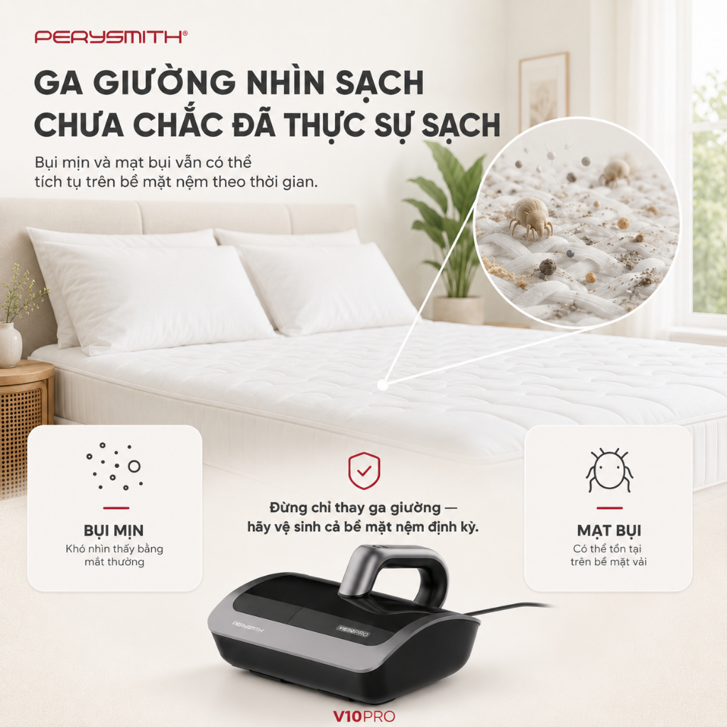 [N]Máy Hút Bụi Giường Nệm Cầm Tay Có Dây PerySmith V10Pro Lực Hút 19k PA Đèn Tia UV Diệt Khuẩn | BigBuy360 - bigbuy360.vn