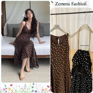Váy maxi chấm bi sát nách dáng dài đầm voan lụa vintage nhẹ nhàng phong cách Pháp đi biển dạo phố HCOM27524