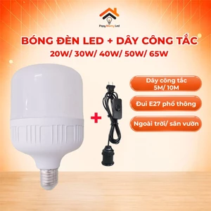 Combo 1 Bóng Đèn LED Ngoài Trời E27 20W/ 30W/ 40W/ 50W/ 65W Ánh Sáng Trắng + Dây Đui Đèn 5M/ 10M Có Công Tắc