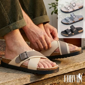 Dép đế trấu CORVIN CREST quai chéo da Microfiber khóa kim loại đế đệm cao su form công thái học mặt lót da chống thấm