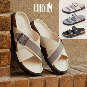 Dép đế trấu nam cao cấp CORVIN, dép da quai chéo, quai ngang form công thái học êm chân, da microfiber, chống trơn trượt