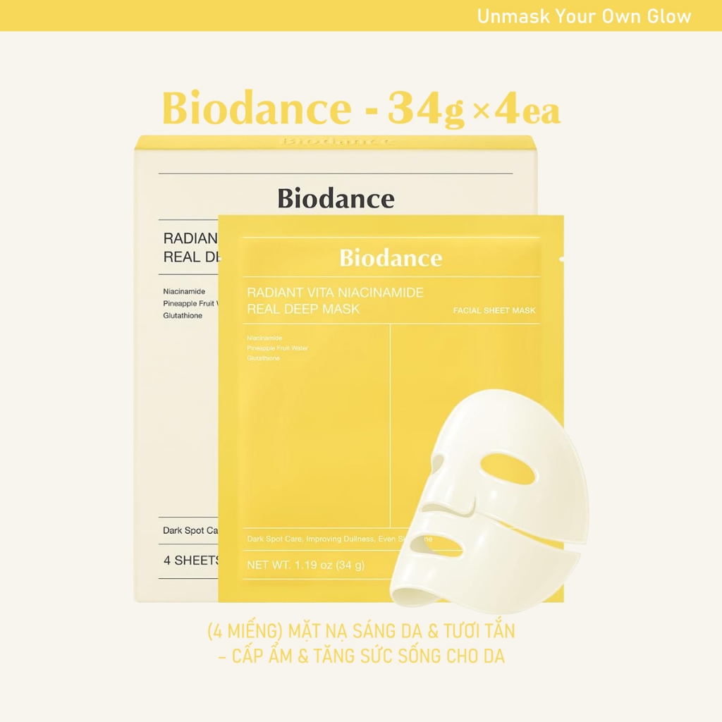 MẶT NẠ DƯỠNG TRẮNG SÁNG BIODANCE NIACINAMIDE & GLUTATHIONE - Cải Thiện Tông Màu Da, Dịu Nhẹ, 4 Miếng
